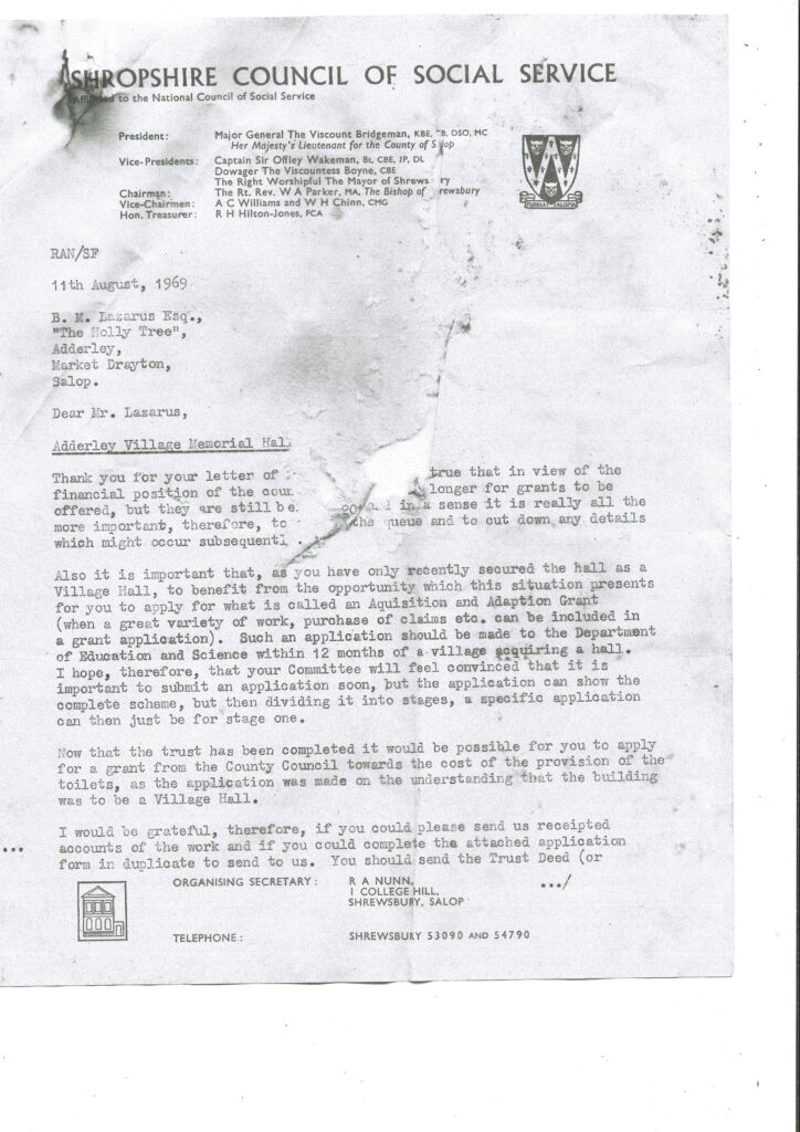 Letter from Council ref Village Hall Grants